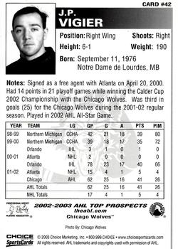 2002-03 Choice AHL Top Prospects #42 J.P. Vigier Back