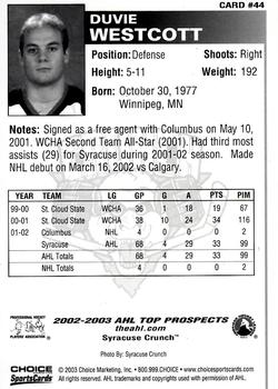 2002-03 Choice AHL Top Prospects #44 Duvie Westcott Back