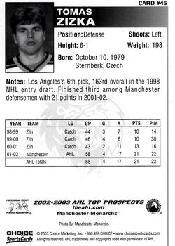 2002-03 Choice AHL Top Prospects #45 Tomas Zizka Back