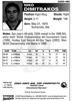 2002-03 Choice AHL Top Prospects #9 Niko Dimitrakos Back