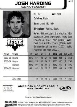 2005-06 Choice AHL Top Prospects #18 Josh Harding Back