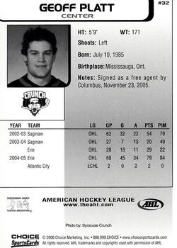 2005-06 Choice AHL Top Prospects #32 Geoff Platt Back