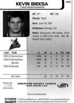 2005-06 Choice AHL Top Prospects #3 Kevin Bieksa Back