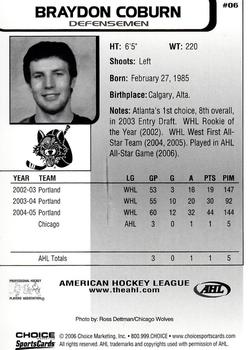 2005-06 Choice AHL Top Prospects #6 Braydon Coburn Back