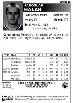 2006-07 Choice AHL Top Prospects #13 Jaroslav Halak Back