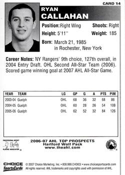 2006-07 Choice AHL Top Prospects #14 Ryan Callahan Back