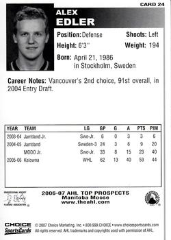 2006-07 Choice AHL Top Prospects #24 Alex Edler Back