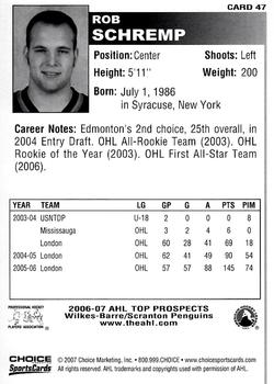 2006-07 Choice AHL Top Prospects #47 Rob Schremp Back