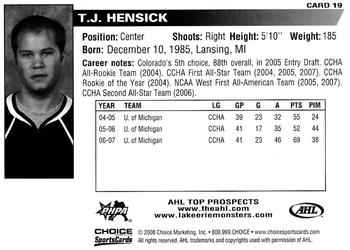 2007-08 Choice AHL Top Prospects #19 T.J. Hensick Back