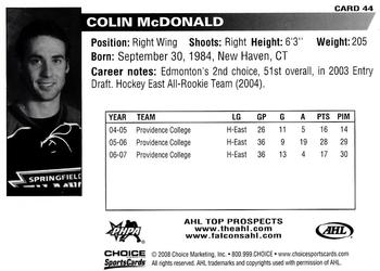 2007-08 Choice AHL Top Prospects #44 Colin McDonald Back