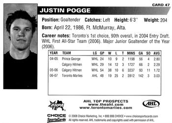 2007-08 Choice AHL Top Prospects #47 Justin Pogge Back