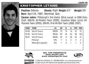 2007-08 Choice AHL Top Prospects #48 Kristopher Letang Back