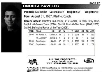 2007-08 Choice AHL Top Prospects #7 Ondrej Pavelec Back