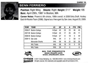 2010-11 Choice AHL Top Prospects #15 Benn Ferriero Back