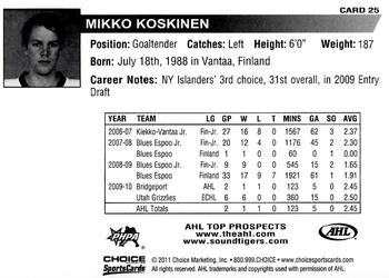 2010-11 Choice AHL Top Prospects #25 Mikko Koskinen Back