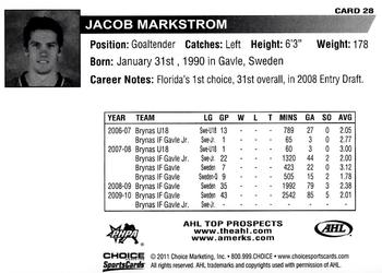 2010-11 Choice AHL Top Prospects #28 Jacob Markstrom Back