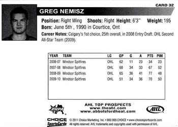 2010-11 Choice AHL Top Prospects #32 Greg Nemisz Back