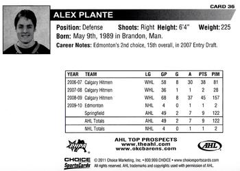 2010-11 Choice AHL Top Prospects #36 Alex Plante Back
