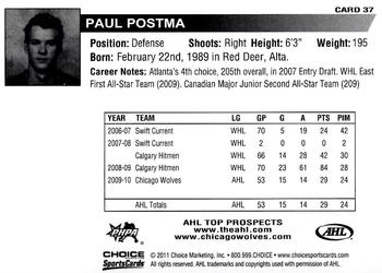 2010-11 Choice AHL Top Prospects #37 Paul Postma Back