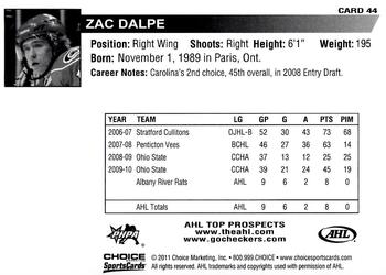 2010-11 Choice AHL Top Prospects #44 Zac Dalpe Back