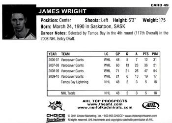 2010-11 Choice AHL Top Prospects #49 James Wright Back