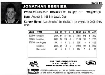 2008-09 Choice AHL Top Prospects #22 Jonathan Bernier Back