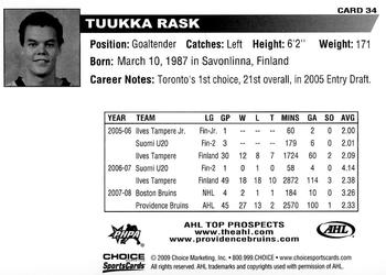 2008-09 Choice AHL Top Prospects #34 Tuukka Rask Back
