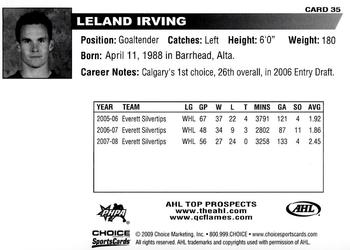 2008-09 Choice AHL Top Prospects #35 Leland Irving Back