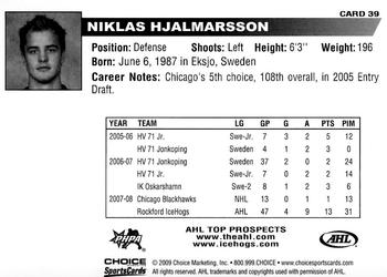 2008-09 Choice AHL Top Prospects #39 Niklas Hjalmarsson Back
