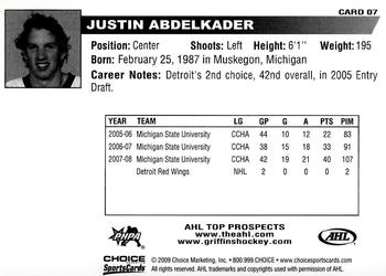 2008-09 Choice AHL Top Prospects #7 Justin Abdelkader Back