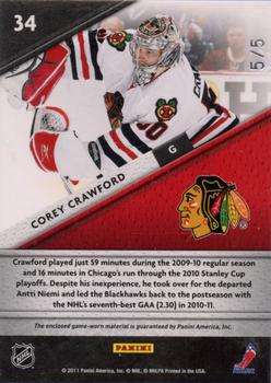 2011-12 Panini Certified - Fabric of the Game Claim To Fame Die Cut Prime #34 Corey Crawford Back