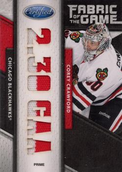 2011-12 Panini Certified - Fabric of the Game Claim To Fame Die Cut Prime #34 Corey Crawford Front