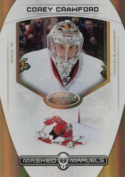 2011-12 Panini Certified - Masked Marvels Mirror Gold #5 Corey Crawford Front