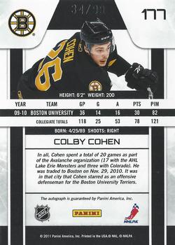 2010-11 Panini Zenith - Rookie Parallel #177 Colby Cohen Back
