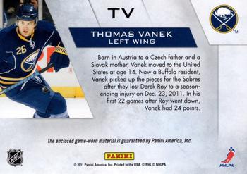 2010-11 Panini Zenith - Winter Warriors Materials #TV Thomas Vanek Back