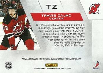 2010-11 Panini Zenith - Winter Warriors Materials #TZ Travis Zajac Back