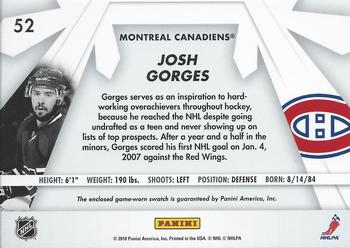 2010-11 Donruss - Boys of Winter Threads #52 Josh Gorges Back