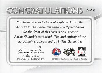 2010-11 In The Game Between The Pipes - Autographs #A-AK Anton Khudobin  Back