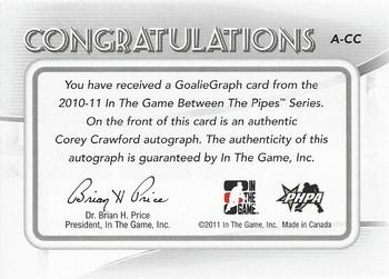 2010-11 In The Game Between The Pipes - Autographs #A-CC Corey Crawford Back