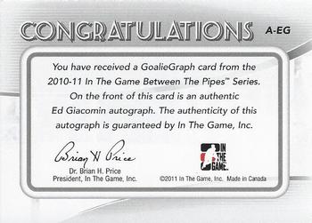 2010-11 In The Game Between The Pipes - Autographs #A-EG Ed Giacomin Back