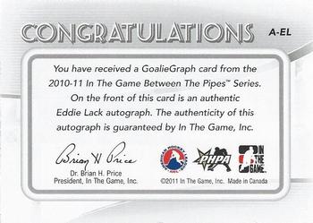 2010-11 In The Game Between The Pipes - Autographs #A-EL Eddie Lack  Back