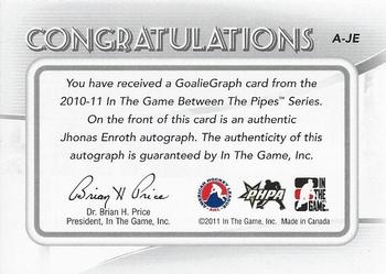 2010-11 In The Game Between The Pipes - Autographs #A-JE Jhonas Enroth  Back