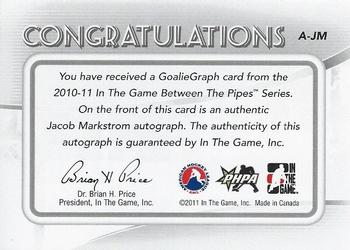2010-11 In The Game Between The Pipes - Autographs #A-JM Jacob Markstrom  Back