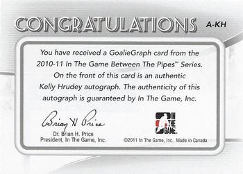 2010-11 In The Game Between The Pipes - Autographs #A-KH Kelly Hrudey  Back