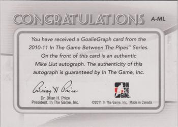 2010-11 In The Game Between The Pipes - Autographs #A-ML Mike Liut Back