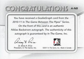2010-11 In The Game Between The Pipes - Autographs #A-NB Niklas Backstrom Back