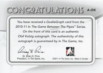 2010-11 In The Game Between The Pipes - Autographs #A-OK Olaf Kolzig  Back
