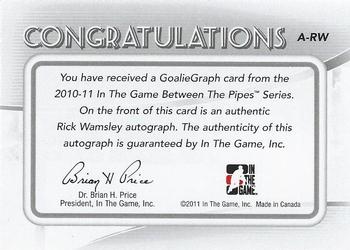2010-11 In The Game Between The Pipes - Autographs #A-RW Rick Wamsley  Back