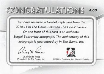 2010-11 In The Game Between The Pipes - Autographs #A-SB Sergei Bobrovsky Back
