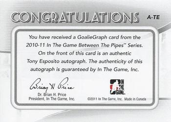 2010-11 In The Game Between The Pipes - Autographs #A-TE Tony Esposito Back
